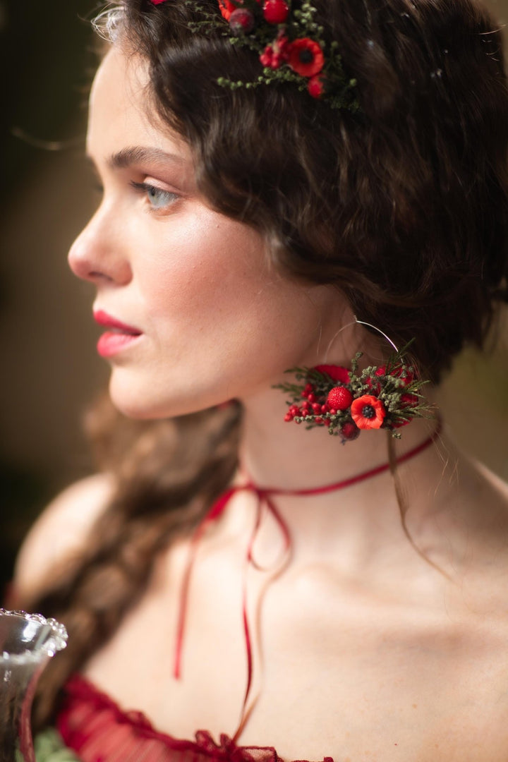 Red Poppy Flower Circle Earrings: Christmas Wedding Jewelry – handmade floral hair accessory by magaela