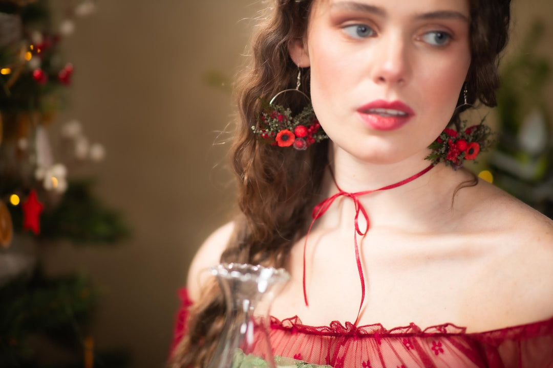 Red Poppy Flower Circle Earrings: Christmas Wedding Jewelry – handmade floral hair accessory by magaela