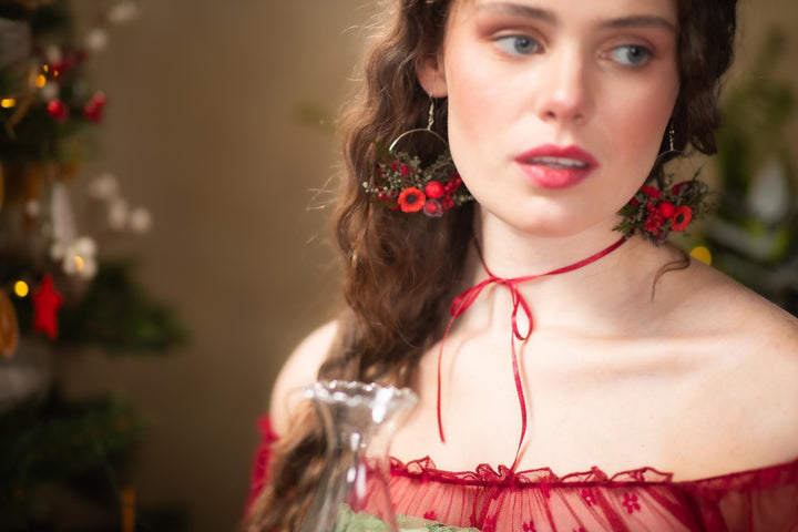 Red Poppy Flower Circle Earrings: Christmas Wedding Jewelry – handmade floral hair accessory by magaela