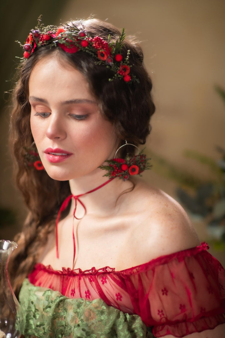 Red Poppy Flower Circle Earrings: Christmas Wedding Jewelry – handmade floral hair accessory by magaela