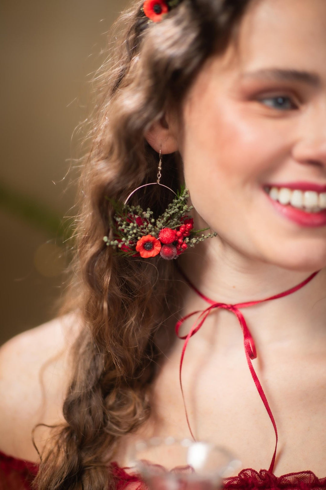 Red Poppy Flower Circle Earrings: Christmas Wedding Jewelry – handmade floral hair accessory by magaela