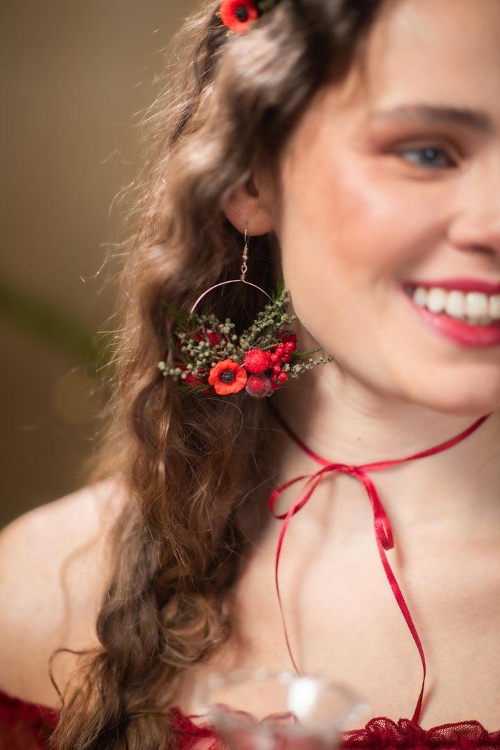 Red Poppy Flower Circle Earrings: Christmas Wedding Jewelry – handmade floral hair accessory by magaela