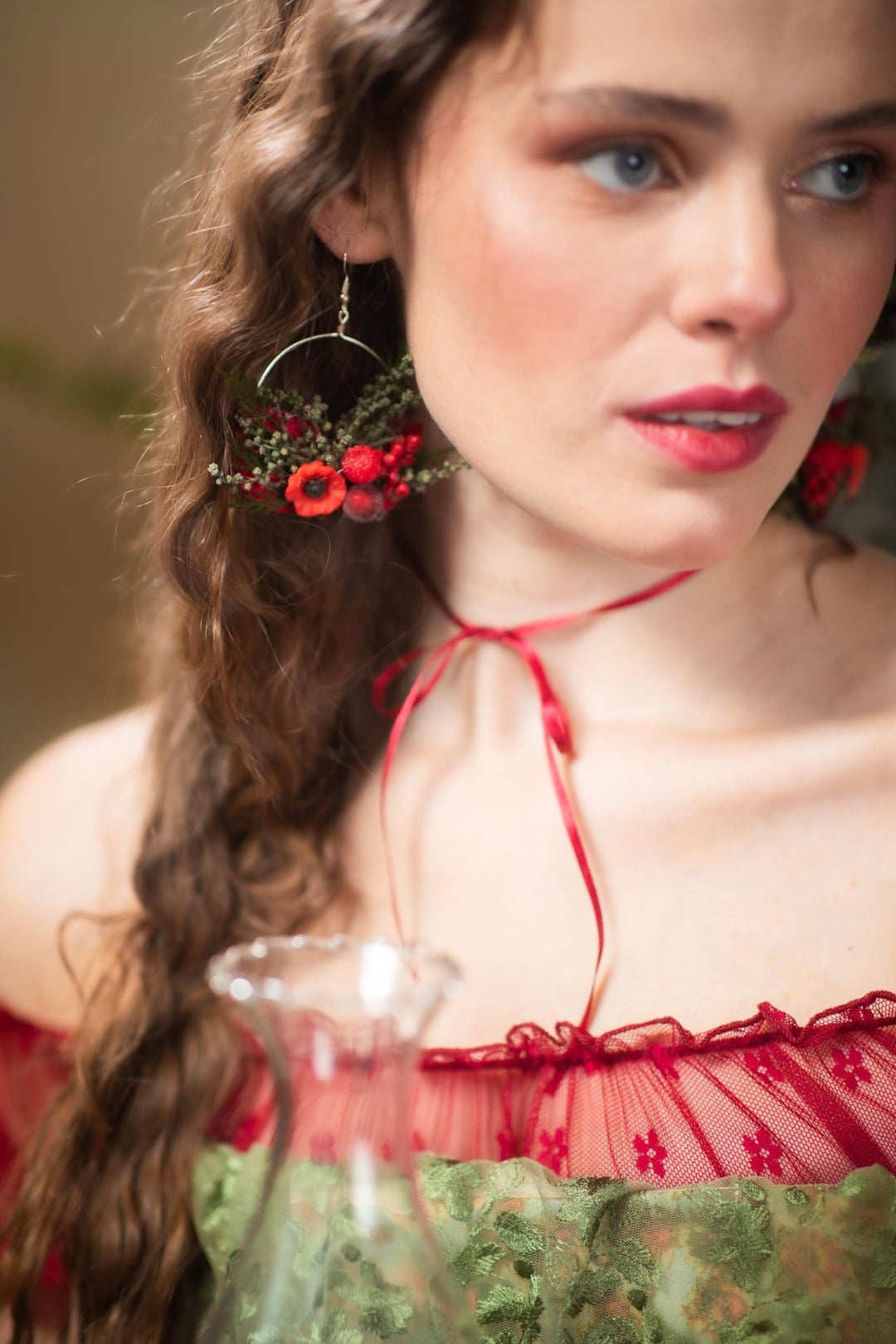 Red Poppy Flower Circle Earrings: Christmas Wedding Jewelry – handmade floral hair accessory by magaela