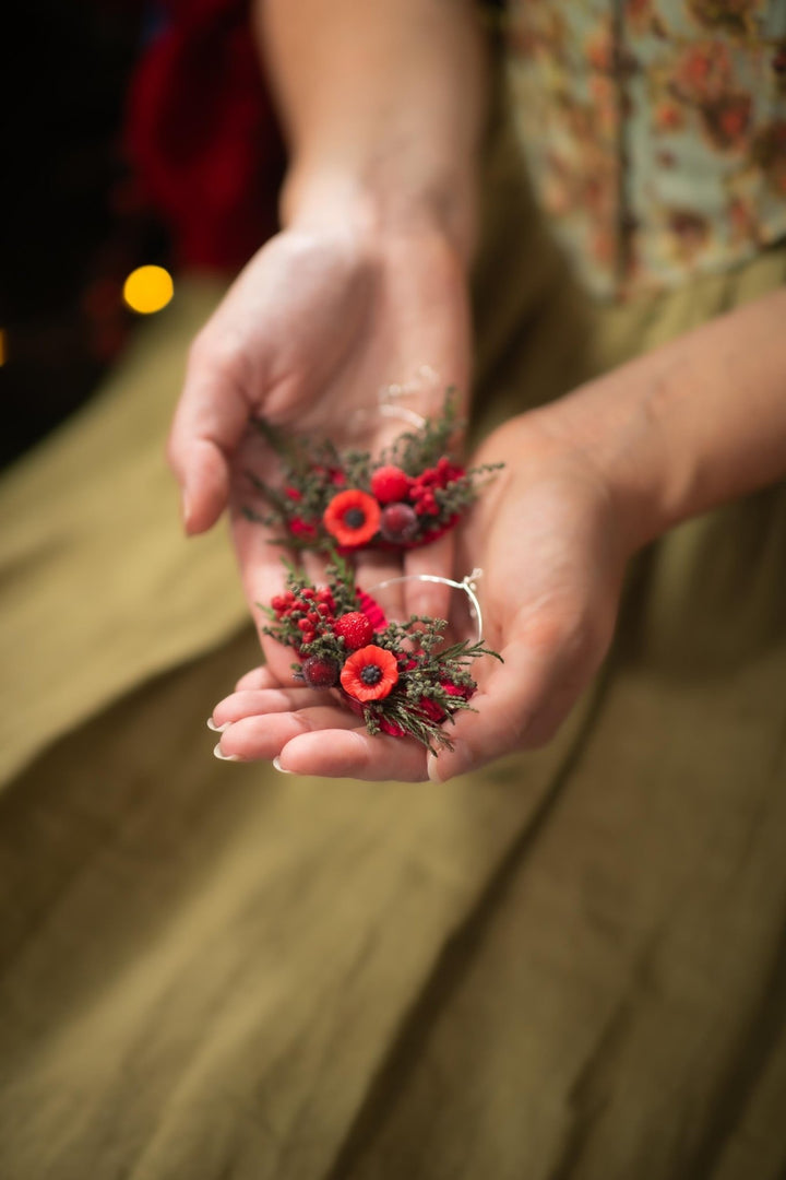 Red Poppy Flower Circle Earrings: Christmas Wedding Jewelry – handmade floral hair accessory by magaela