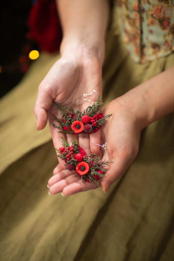 Red Poppy Flower Circle Earrings: Christmas Wedding Jewelry – handmade floral hair accessory by magaela