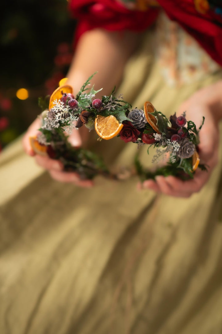 Winter Orange Christmas Accessories – Earrings, Headbands, Brooch & Glass Decorations – handmade floral hair accessory by magaela