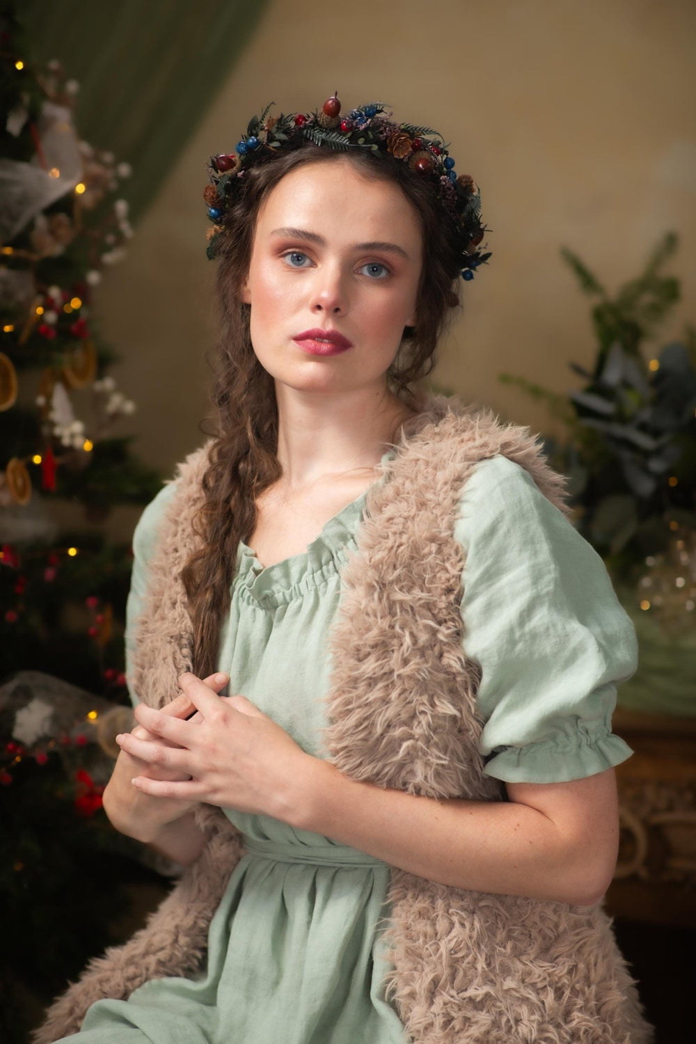 Woodland Christmas Hair half Wreath: Winter Wedding Headpiece – handmade floral hair accessory by magaela