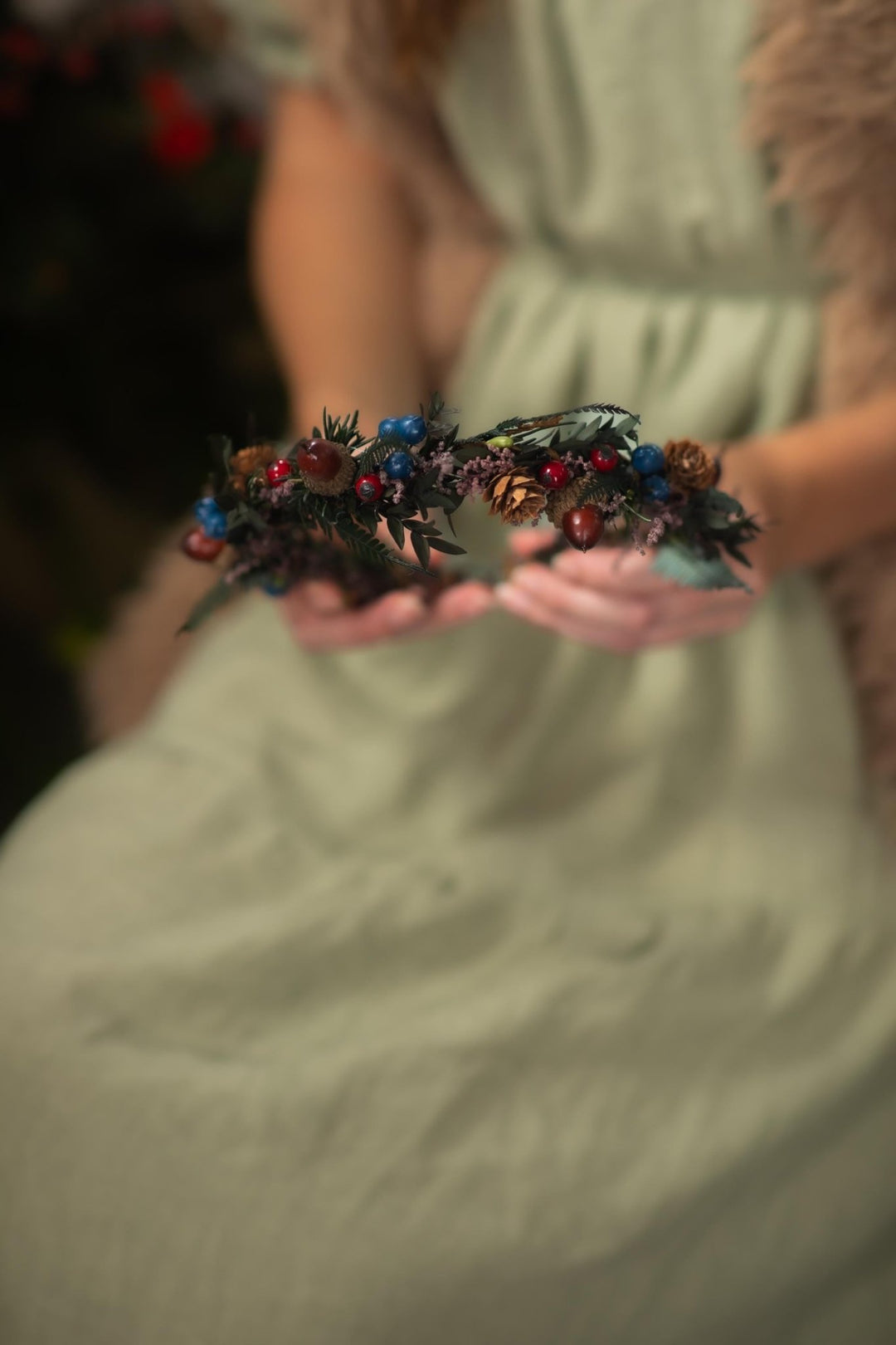 Woodland Christmas Hair half Wreath: Winter Wedding Headpiece – handmade floral hair accessory by magaela