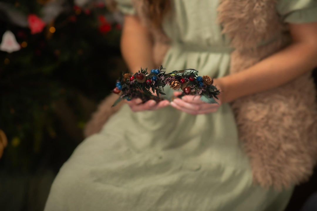 Woodland Christmas Hair half Wreath: Winter Wedding Headpiece – handmade floral hair accessory by magaela