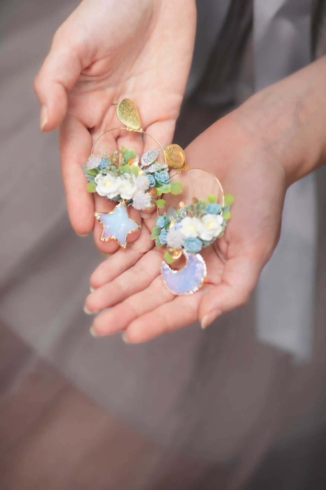 Blue Flower Moonstone Circle Earrings: Winter Wedding Jewelry – handmade floral hair accessory by magaela
