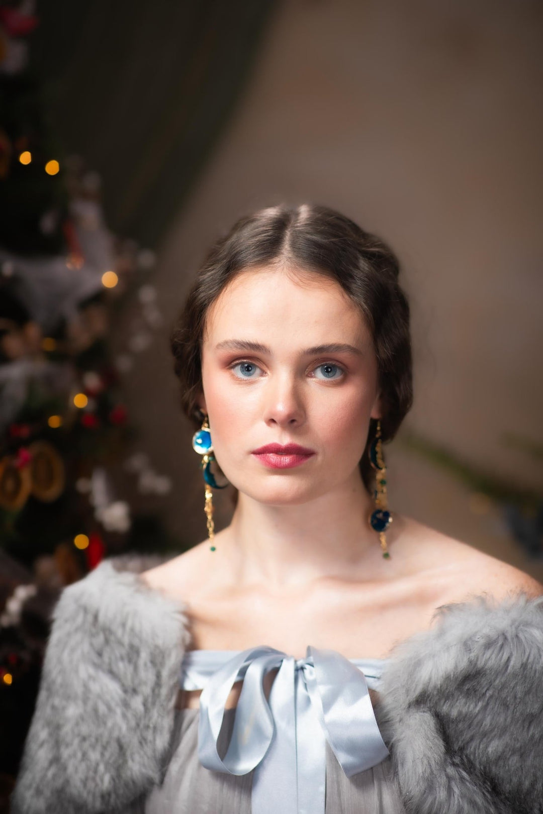 Blue Moon Earrings: Gold Chain Universe Dangle Earrings – handmade floral hair accessory by magaela