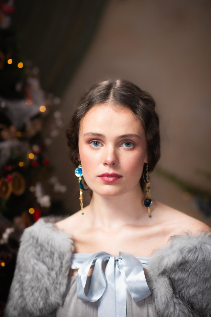 Blue Moon Earrings: Gold Chain Universe Dangle Earrings – handmade floral hair accessory by magaela