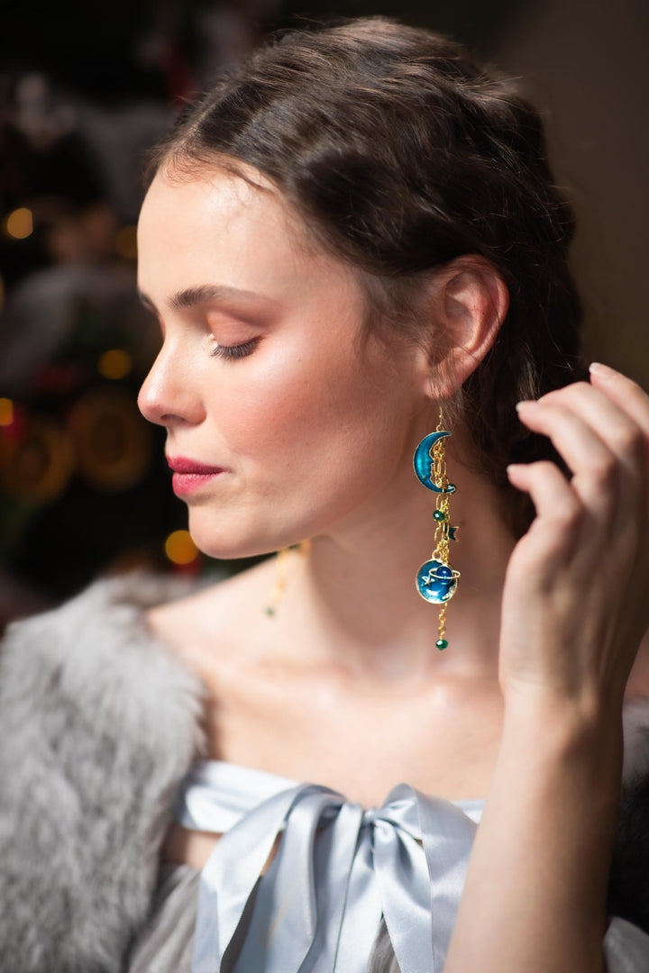 Blue Moon Earrings: Gold Chain Universe Dangle Earrings – handmade floral hair accessory by magaela