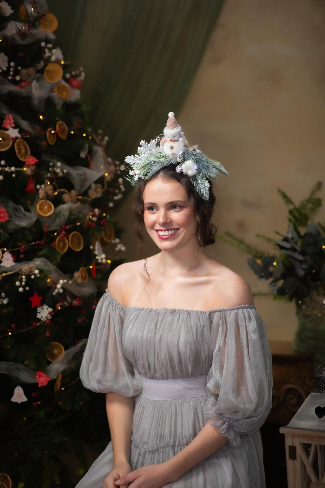 Snowman Christmas Headband with Lights: Winter Holiday Headpiece – handmade floral hair accessory by magaela