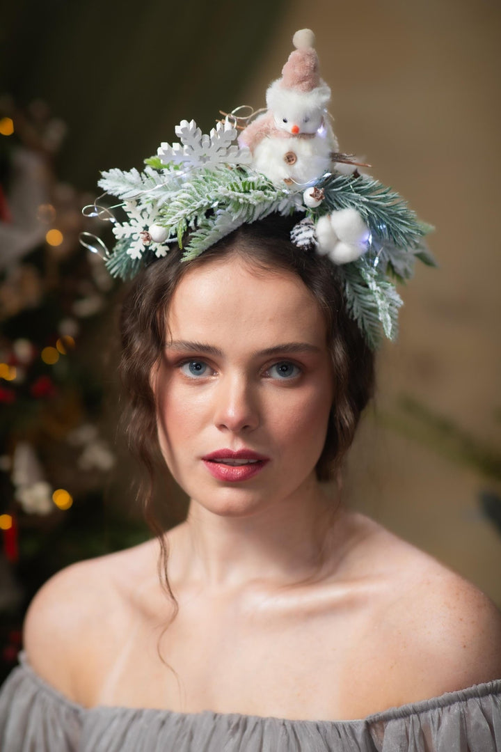 Snowman Christmas Headband with Lights: Winter Holiday Headpiece – handmade floral hair accessory by magaela
