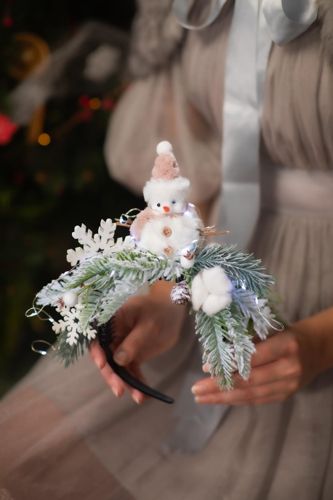 Snowman Christmas Headband with Lights: Winter Holiday Headpiece – handmade floral hair accessory by magaela