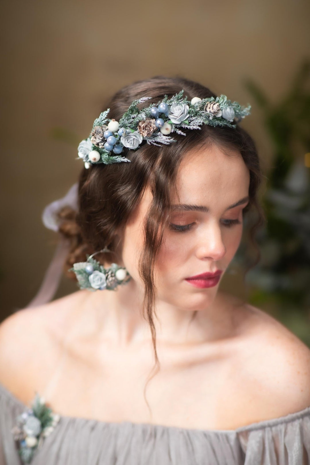 Winter Wedding Hair Wreath: Woodland Pine Cone & Berry Crown – handmade floral hair accessory by magaela