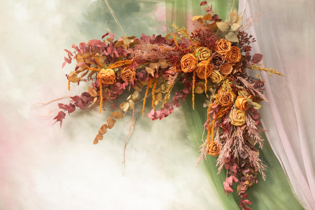 Boho Burnt Orange Wedding Arch Swag: Autumn Terracotta Floral Decoration – handmade floral hair accessory by magaela