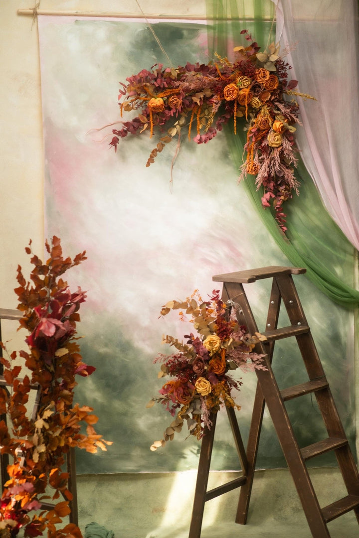 Boho Burnt Orange Wedding Arch Swag: Autumn Terracotta Floral Decoration – handmade floral hair accessory by magaela