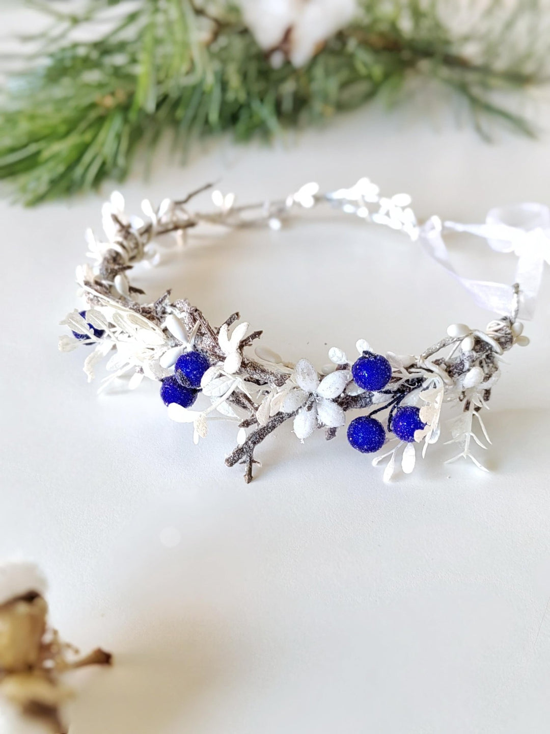 Winter Flower Half Wreath: Frozen White & Blue Berry Hair Accessory – handmade floral hair accessory by magaela