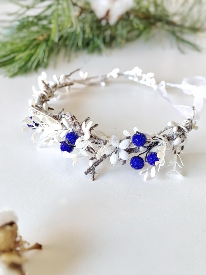 Winter Flower Half Wreath: Frozen White & Blue Berry Hair Accessory – handmade floral hair accessory by magaela