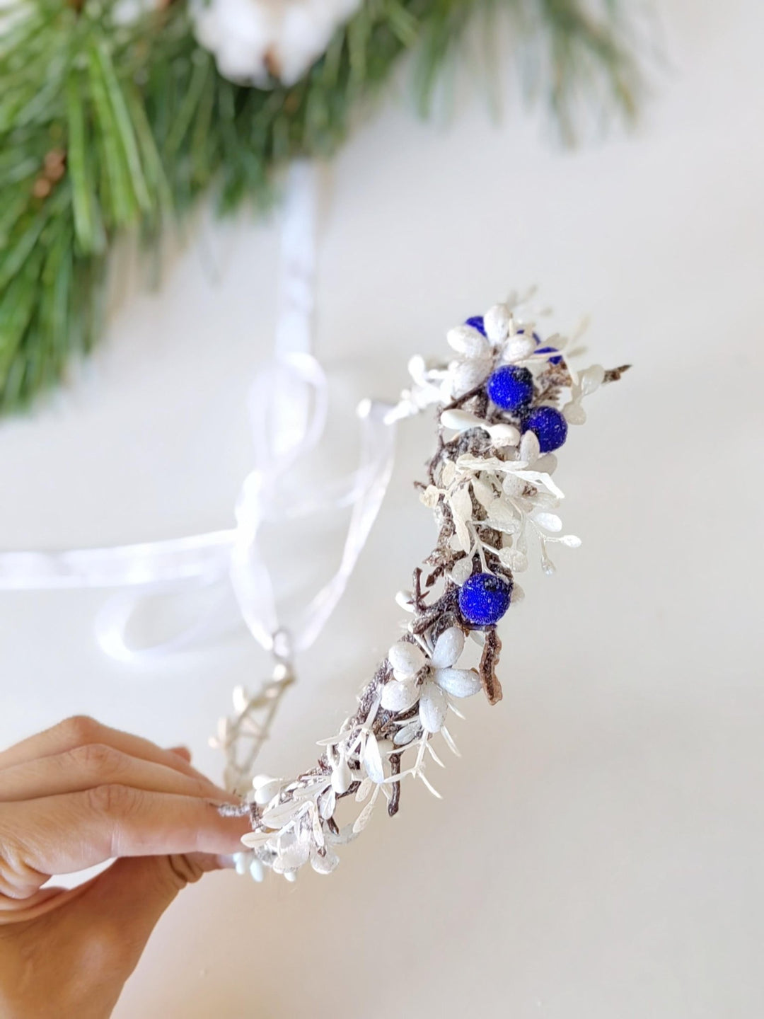 Winter Flower Half Wreath: Frozen White & Blue Berry Hair Accessory – handmade floral hair accessory by magaela