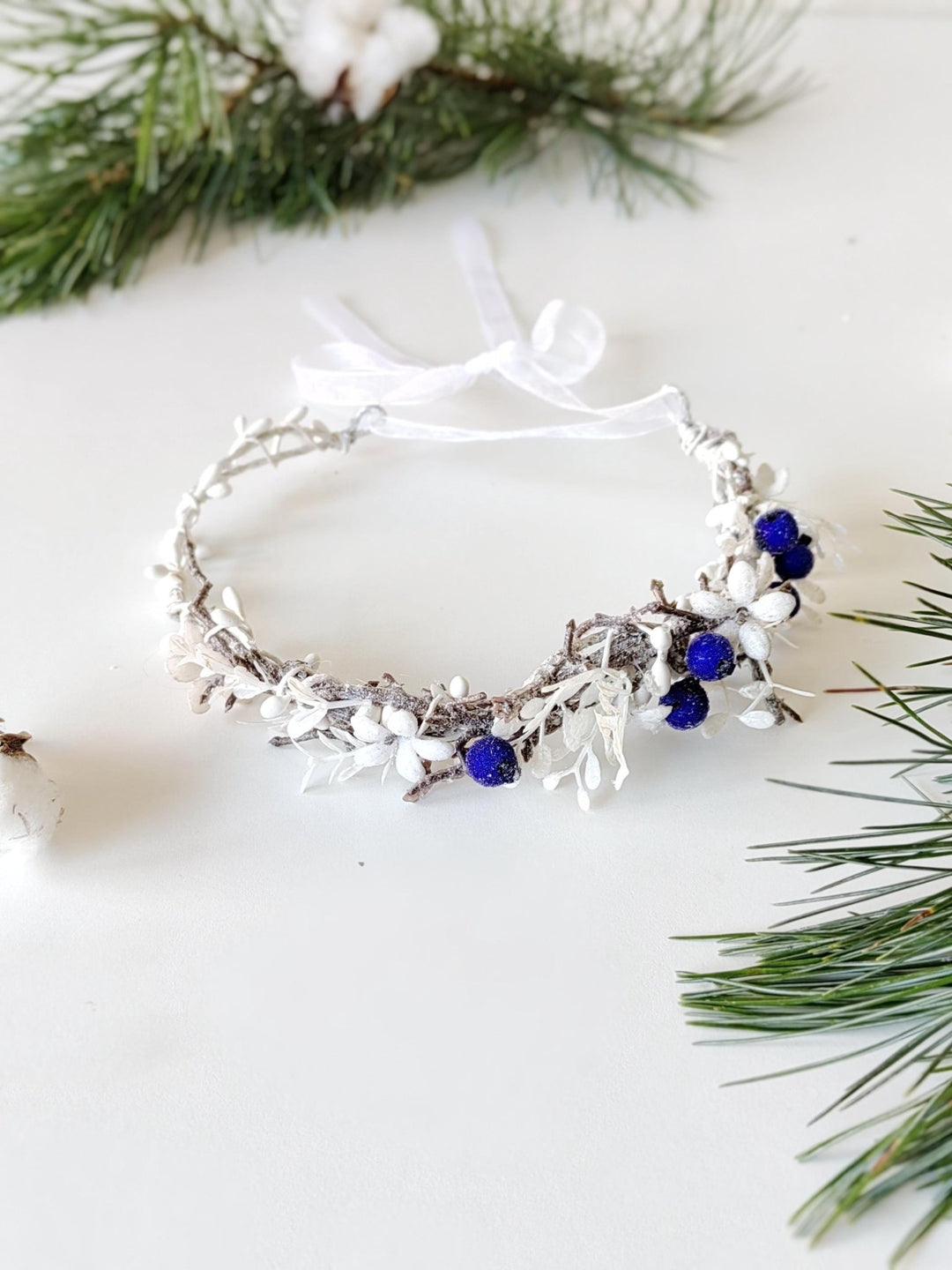 Winter Flower Half Wreath: Frozen White & Blue Berry Hair Accessory – handmade floral hair accessory by magaela