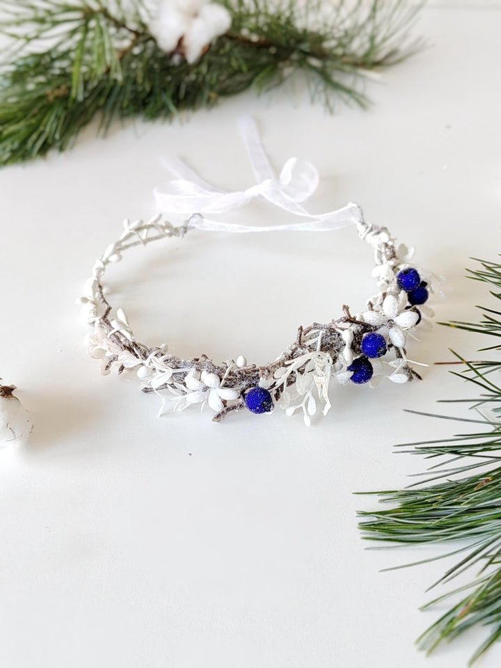 Winter Flower Half Wreath: Frozen White & Blue Berry Hair Accessory – handmade floral hair accessory by magaela