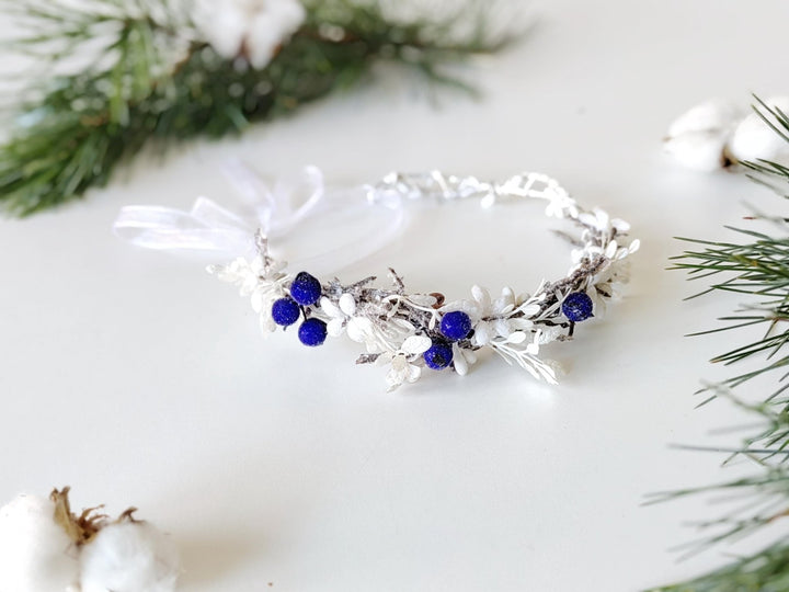 Winter Flower Half Wreath: Frozen White & Blue Berry Hair Accessory – handmade floral hair accessory by magaela