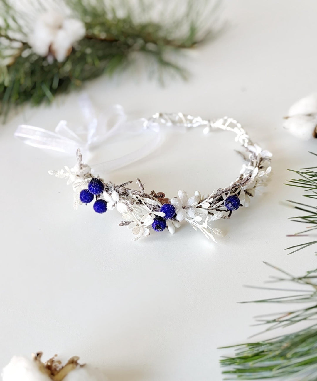 Winter Flower Half Wreath: Frozen White & Blue Berry Hair Accessory – handmade floral hair accessory by magaela
