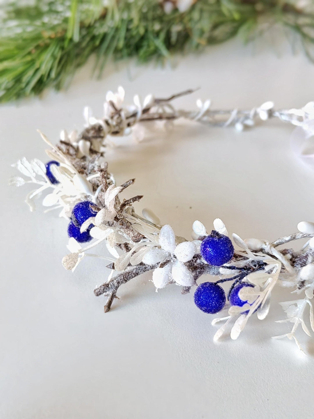 Winter Flower Half Wreath: Frozen White & Blue Berry Hair Accessory – handmade floral hair accessory by magaela