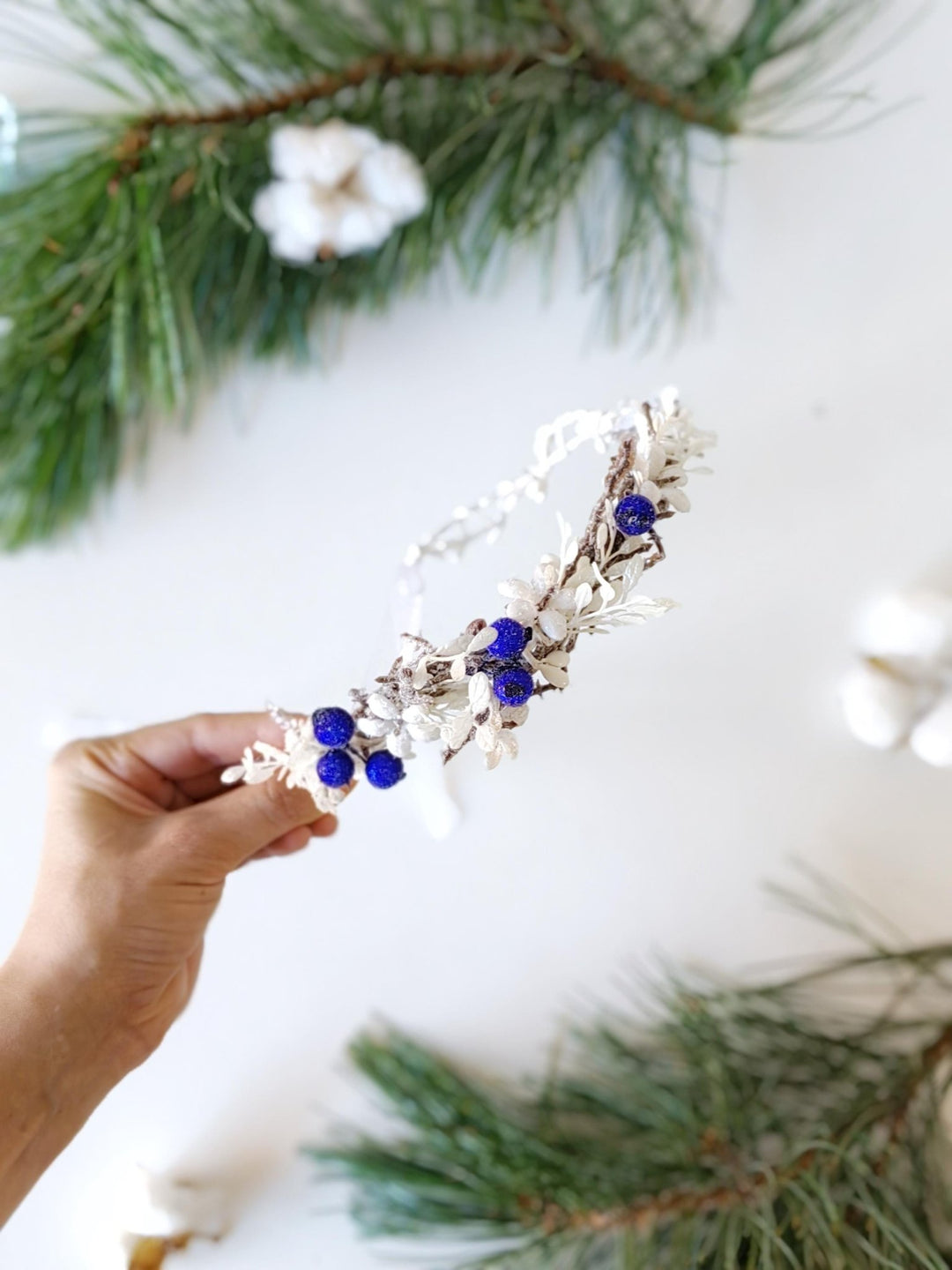 Winter Flower Half Wreath: Frozen White & Blue Berry Hair Accessory – handmade floral hair accessory by magaela