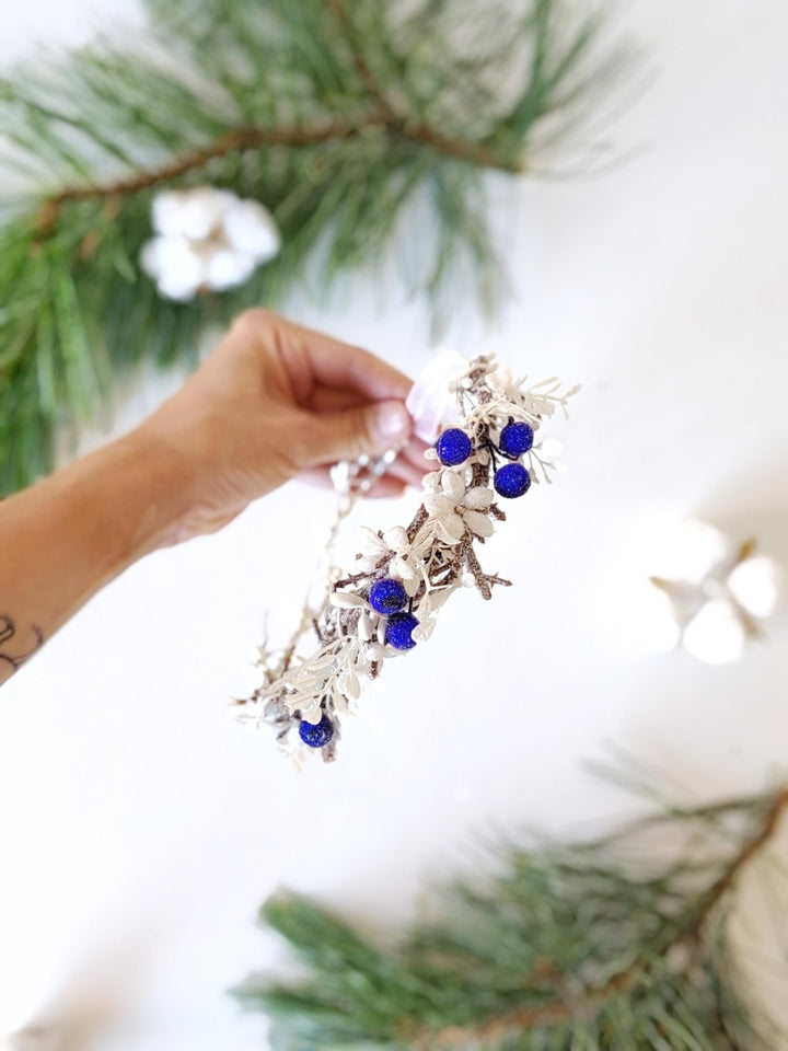 Winter Flower Half Wreath: Frozen White & Blue Berry Hair Accessory – handmade floral hair accessory by magaela