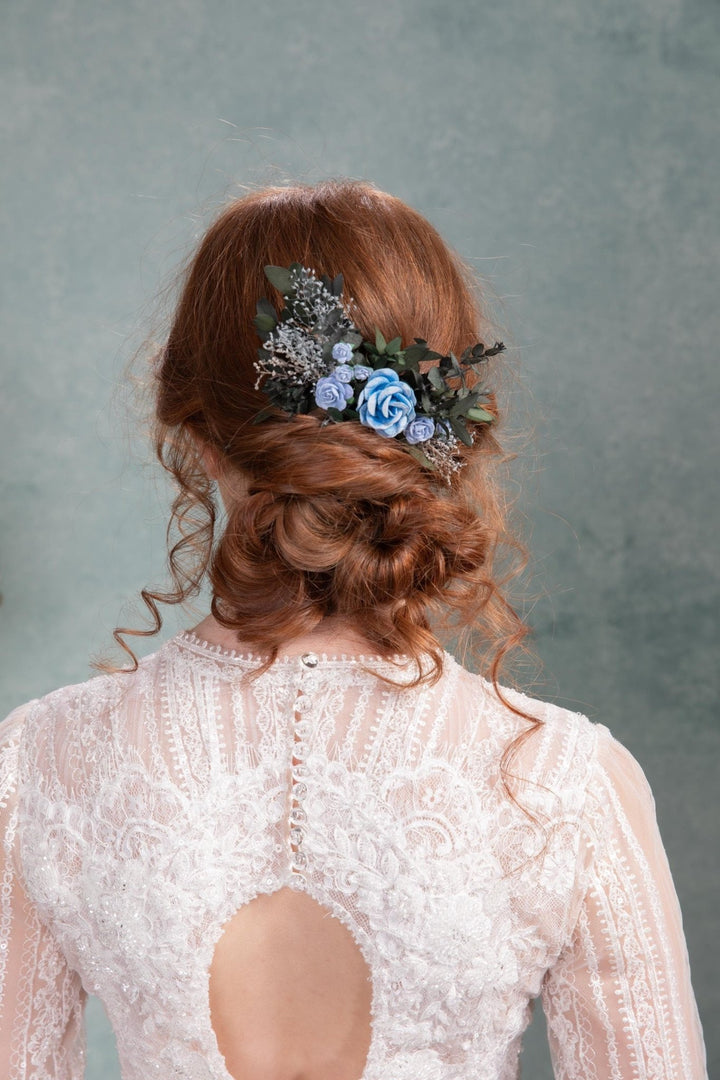 Dusty Blue Rose Wedding Hair Comb: Romantic Bridal Hairpiece – handmade floral hair accessory by magaela