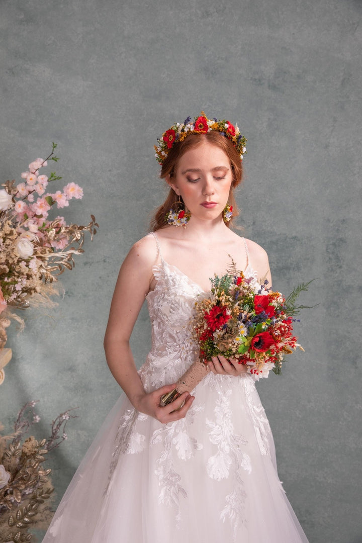 Red Poppy Wedding Bouquet: Folk Slavic Bridal Flowers – handmade floral hair accessory by magaela