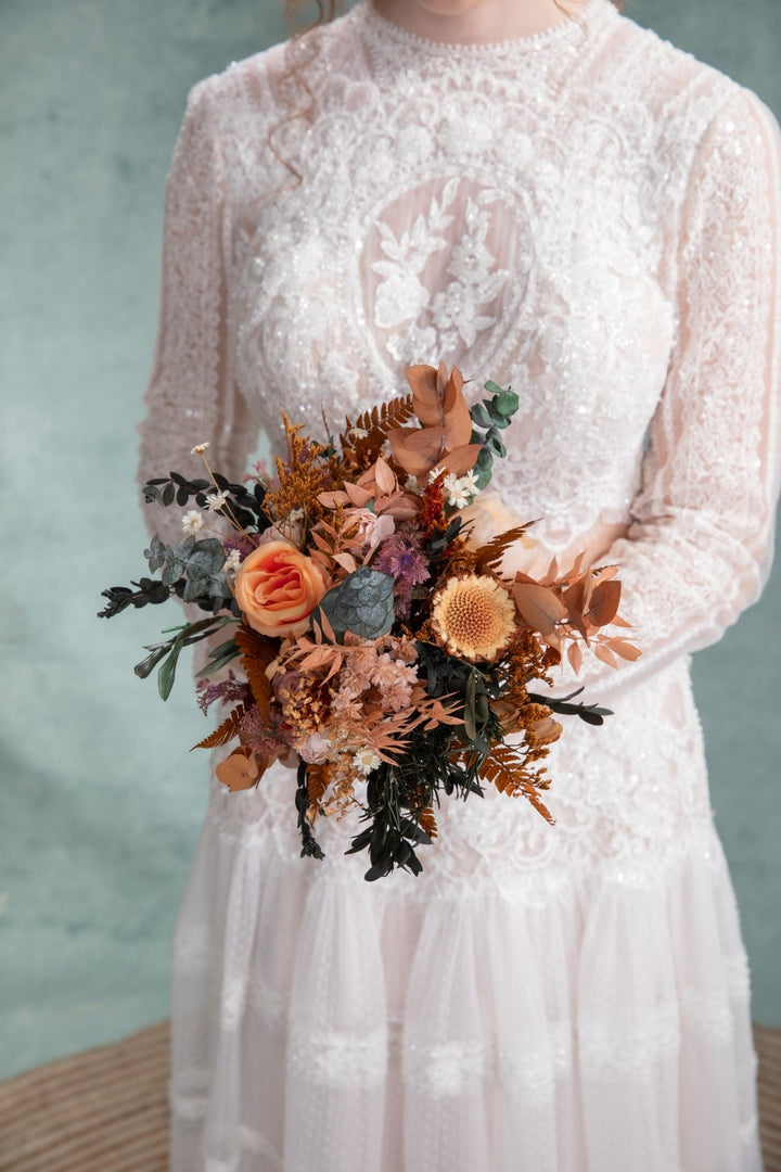 Rustic Autumn Bridal Bouquet: Mocha Orange Eucalyptus Wedding – handmade floral hair accessory by magaela