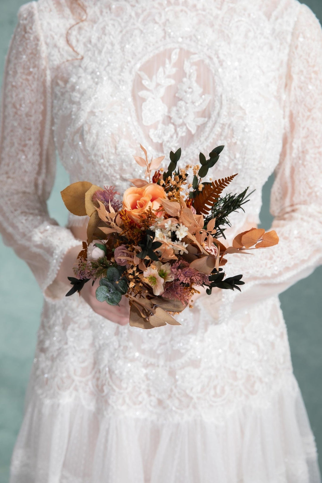 Rustic Autumn Bridal Bouquet: Mocha Orange Eucalyptus Bridesmaids Bouquet – handmade floral hair accessory by magaela