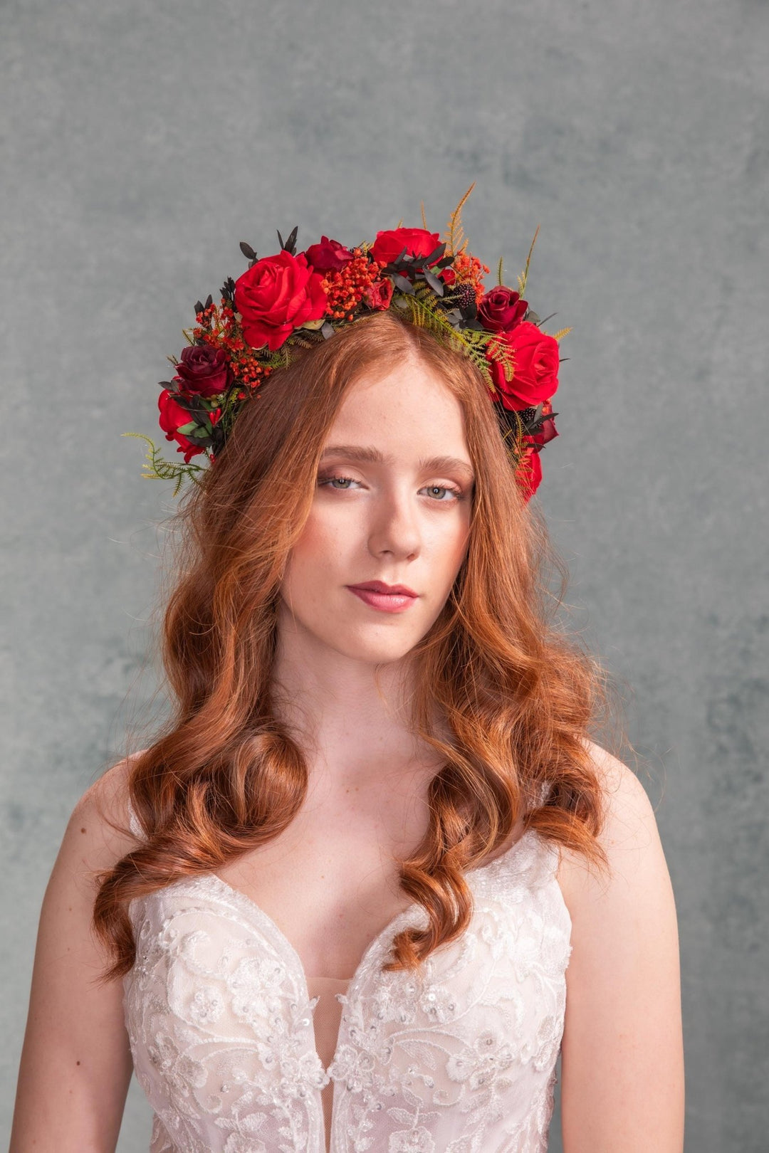 Red Rose Bridal Crown: Burgundy Flower Half Wreath Headpiece – handmade floral hair accessory by magaela