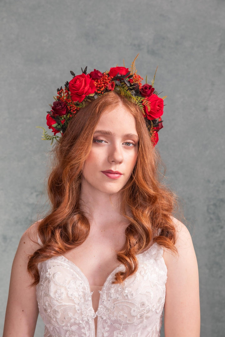 Red Rose Bridal Crown: Burgundy Flower Half Wreath Headpiece – handmade floral hair accessory by magaela