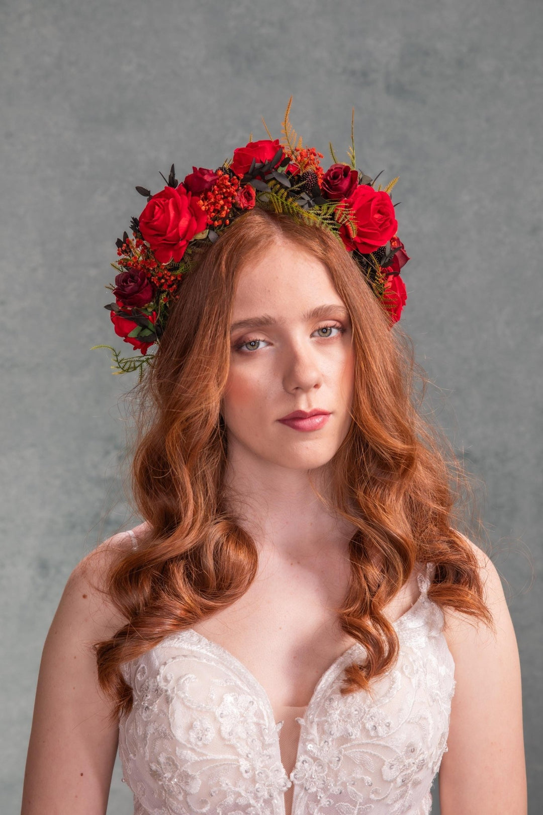 Red Rose Bridal Crown: Burgundy Flower Half Wreath Headpiece – handmade floral hair accessory by magaela