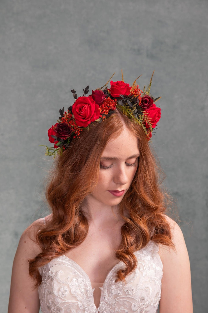 Red Rose Bridal Crown: Burgundy Flower Half Wreath Headpiece – handmade floral hair accessory by magaela