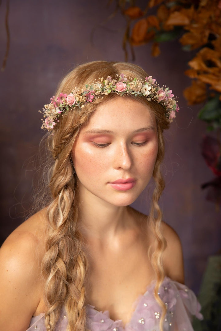 Pink Flower Hair Crown: Romantic Bridal Headpiece, Boho Wedding – handmade floral hair accessory by magaela