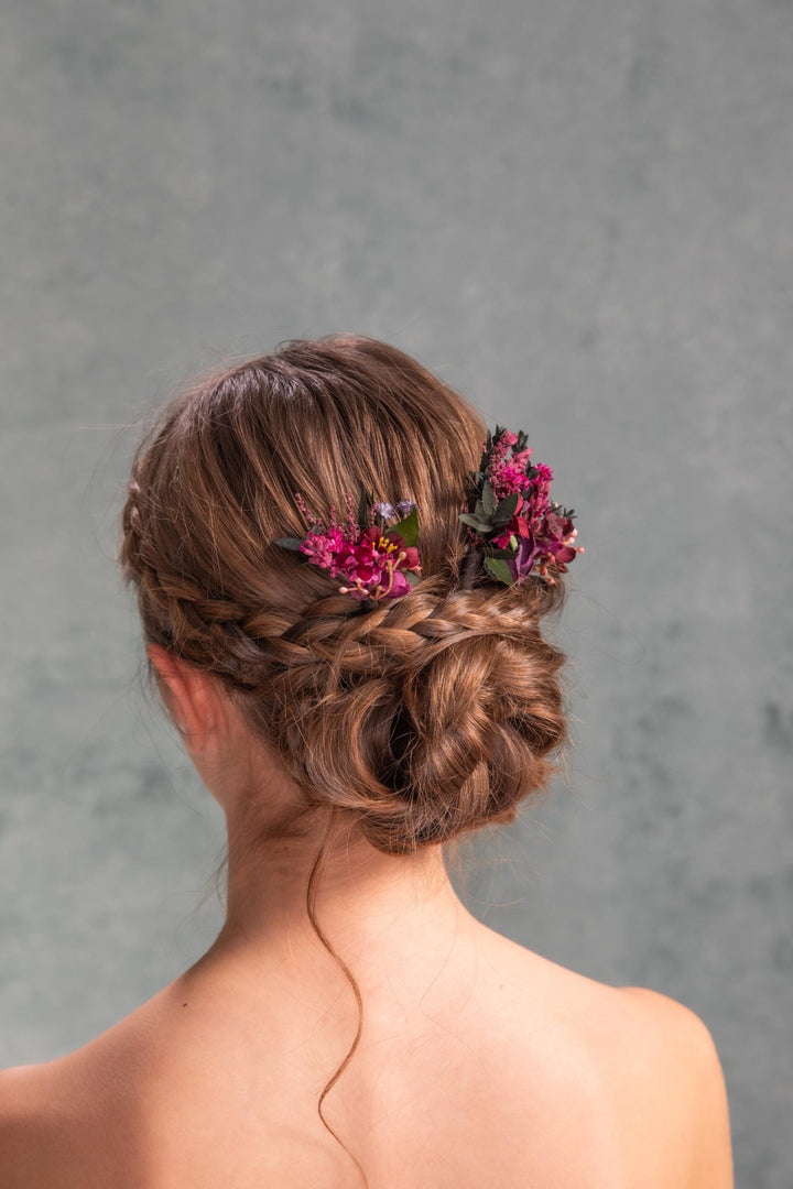 Burgundy Flower Hair Pins: Violet Wedding Bridal Headpiece – handmade floral hair accessory by magaela