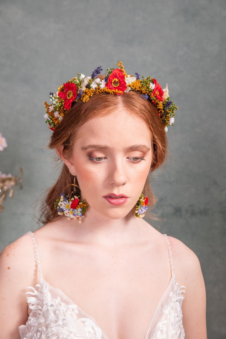 Folk Bridal Flower Half Wreath: Poppy, Lavender, Daisy Hair Crown – handmade floral hair accessory by magaela