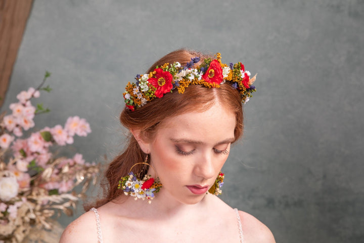 Folk Bridal Flower Half Wreath: Poppy, Lavender, Daisy Hair Crown – handmade floral hair accessory by magaela