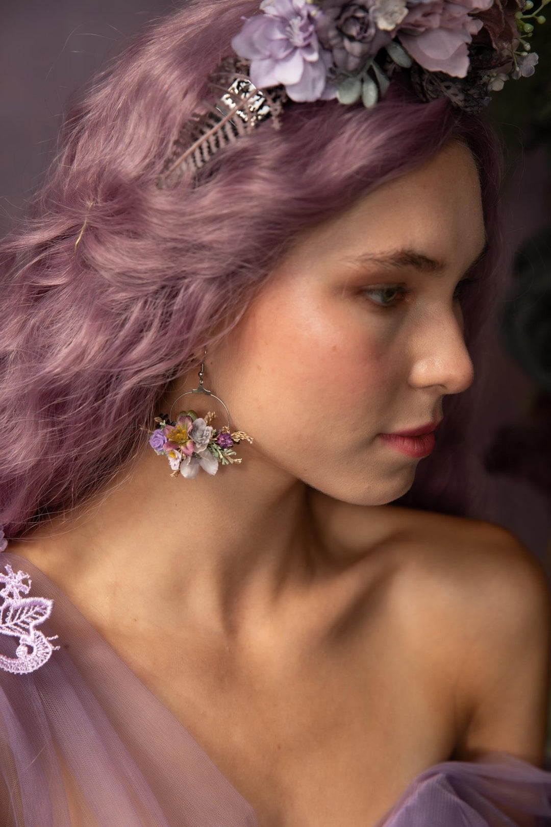 Purple Flower Circle Earrings: Bridal Wedding Jewelry – handmade floral hair accessory by magaela