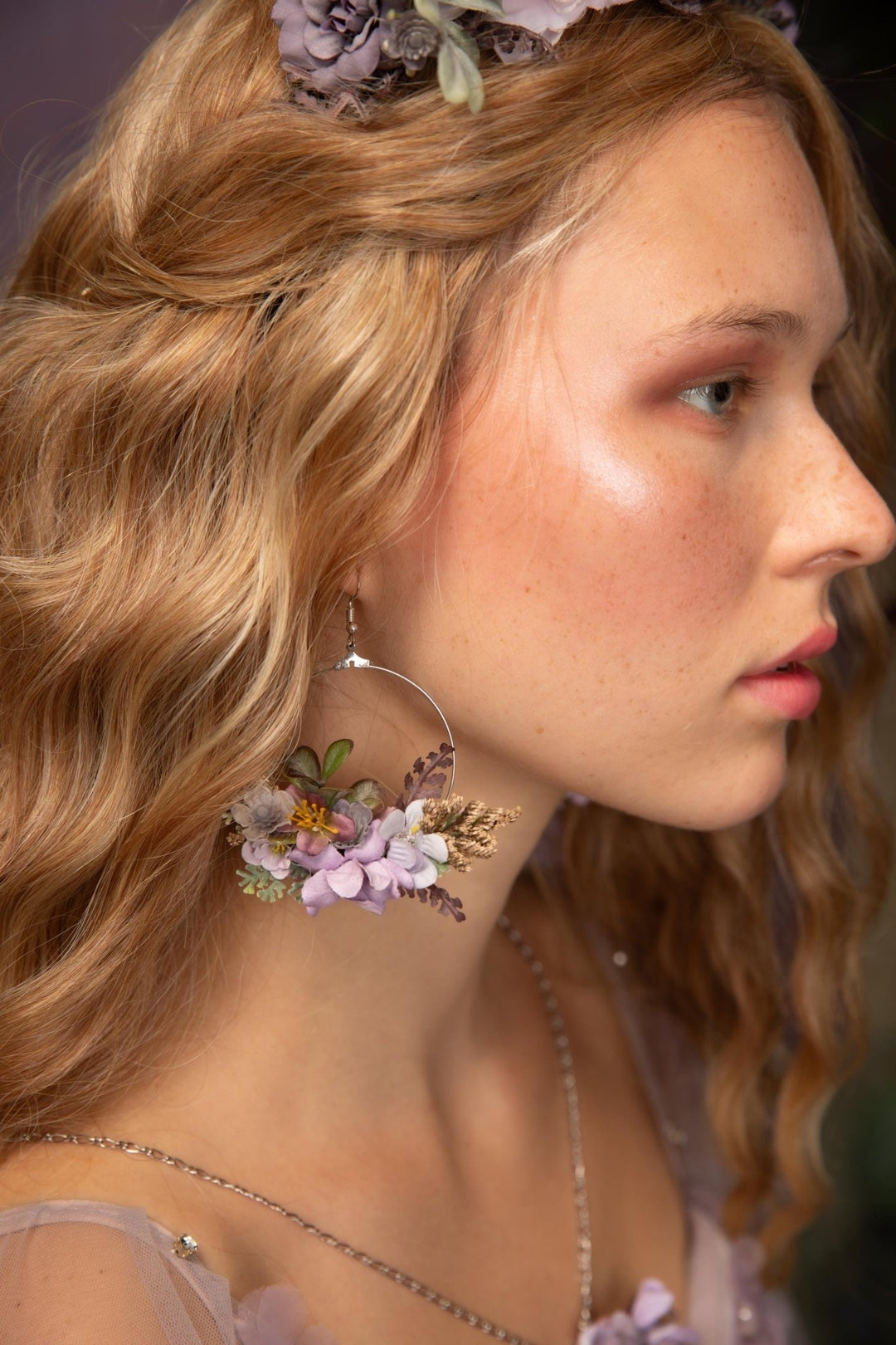 Purple Flower Circle Earrings: Bridal Wedding Jewelry – handmade floral hair accessory by magaela