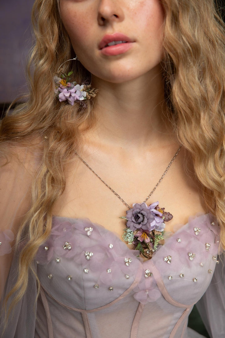 Purple Flower Necklace: Long Violet Pendant, Bridal Jewelry – handmade floral hair accessory by magaela