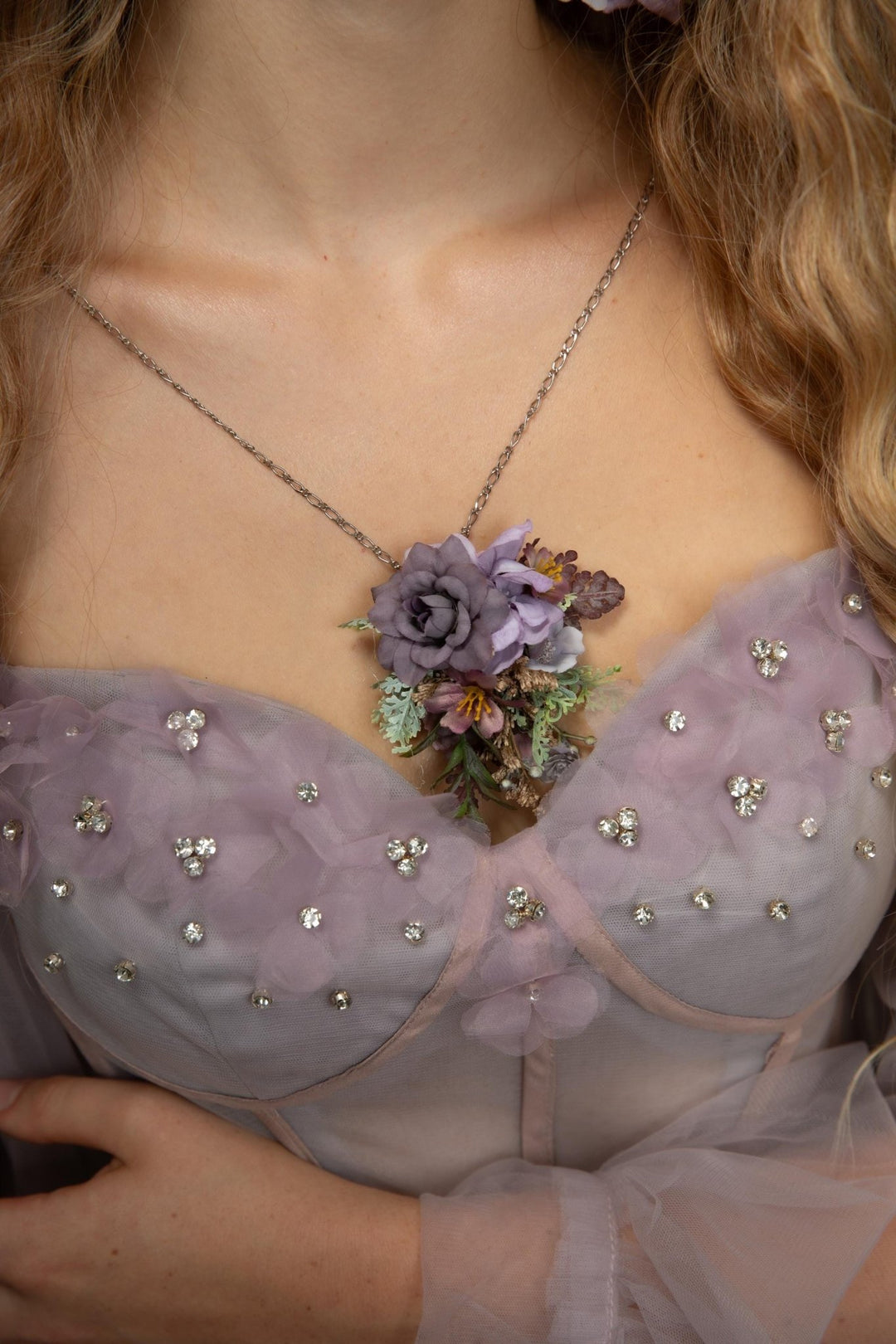 Purple Flower Necklace: Long Violet Pendant, Bridal Jewelry – handmade floral hair accessory by magaela