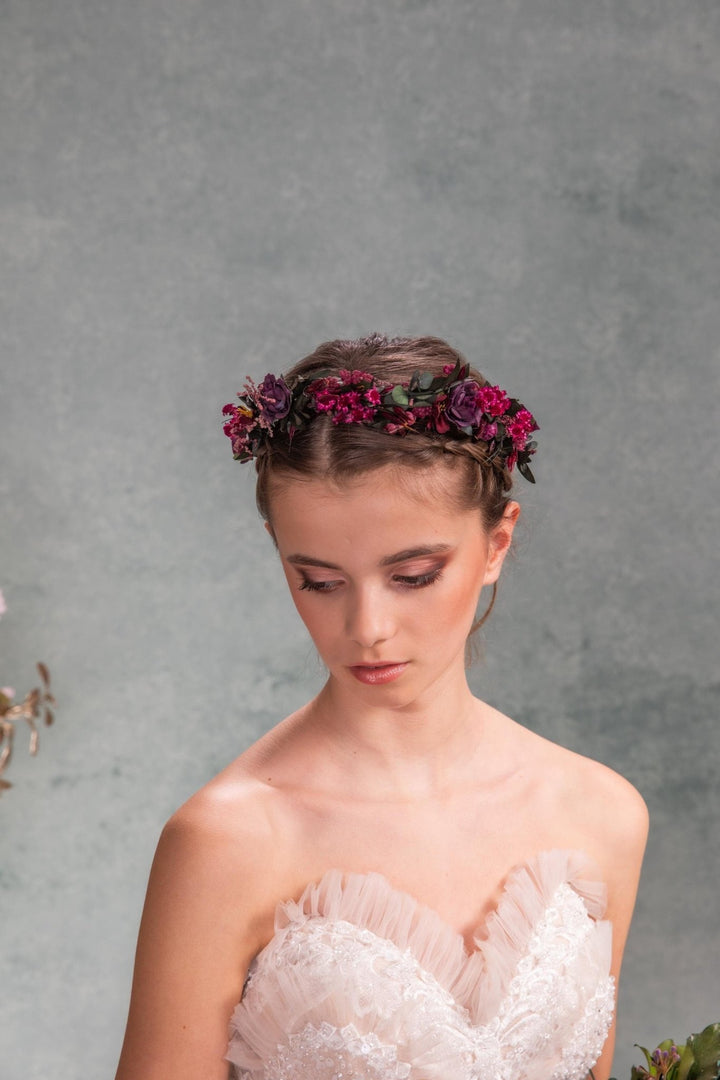 Burgundy Wedding Half Wreath: Dark Purple Floral Bridal Crown – handmade floral hair accessory by magaela